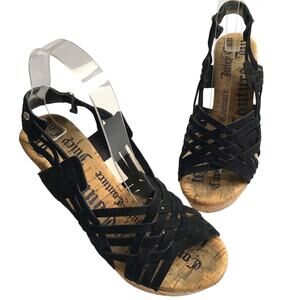 Juicy Couture Women's 6.5 Suede Cork Strappy Black Wedge Sandals Y2K Boho Retro